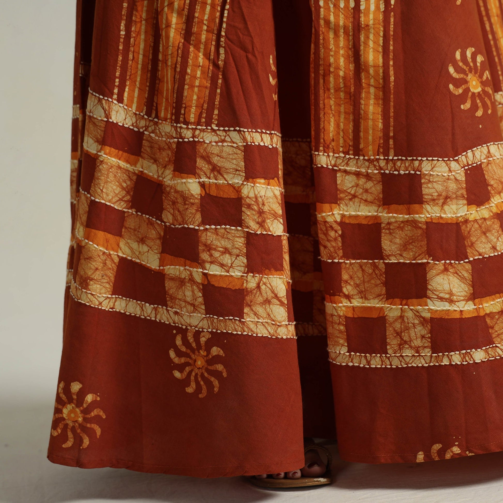 Brown - Hand Batik Printed Running Stitch Cotton Long Skirt 11