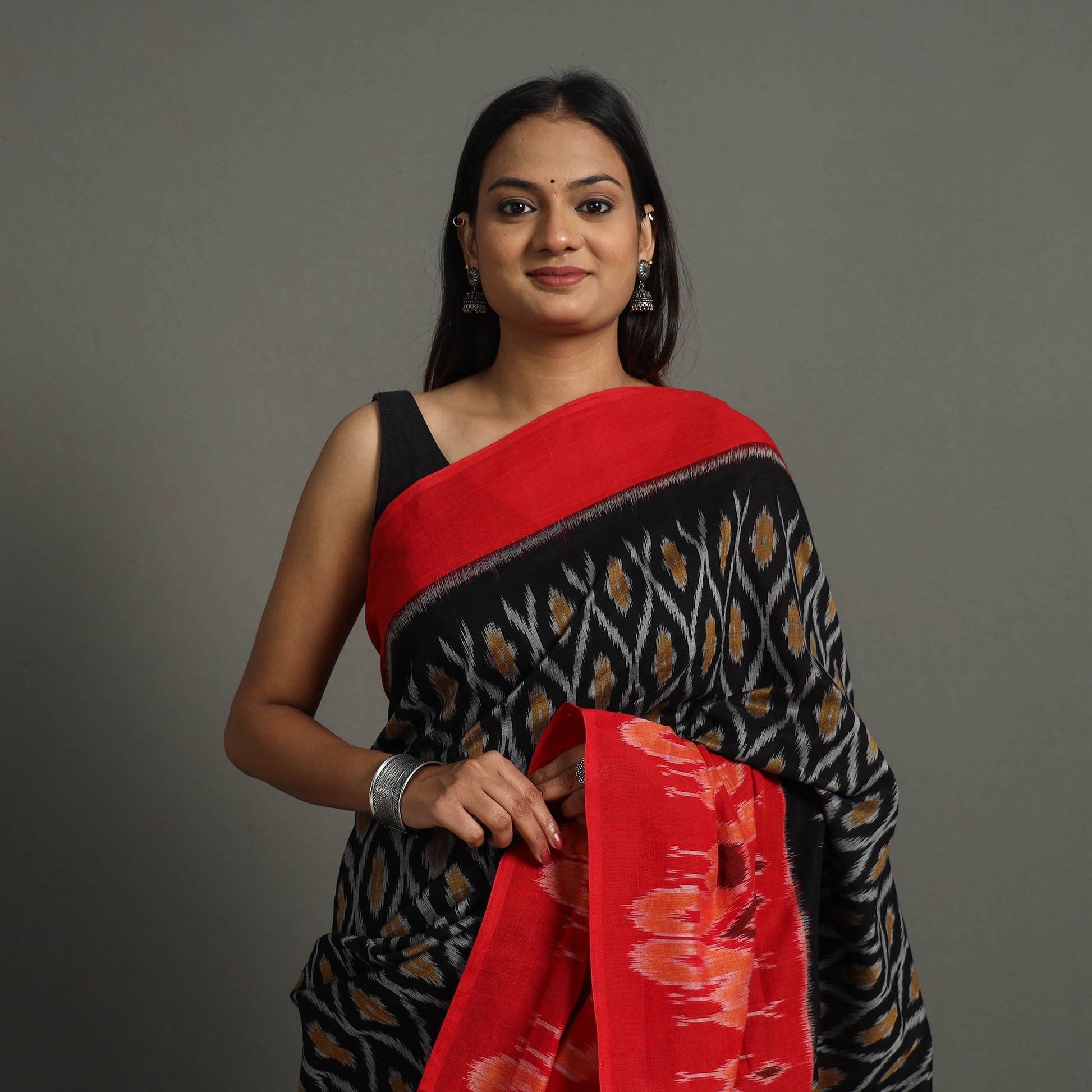 Black - Mercerised Cotton Handloom Pochampally Ikat Saree 52