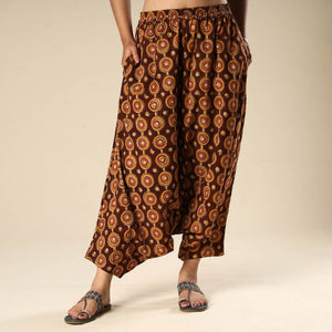 Brown - Kalamkari Block Printed Cotton Elasticated Harem Pant
