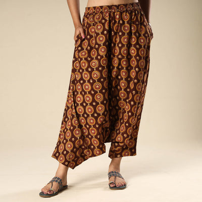 Brown - Kalamkari Block Printed Cotton Elasticated Harem Pant