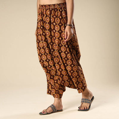 Brown - Kalamkari Block Printed Cotton Elasticated Harem Pant