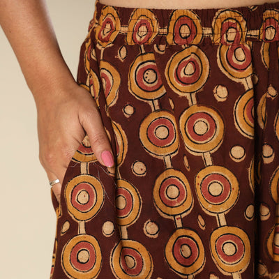 Brown - Kalamkari Block Printed Cotton Elasticated Harem Pant