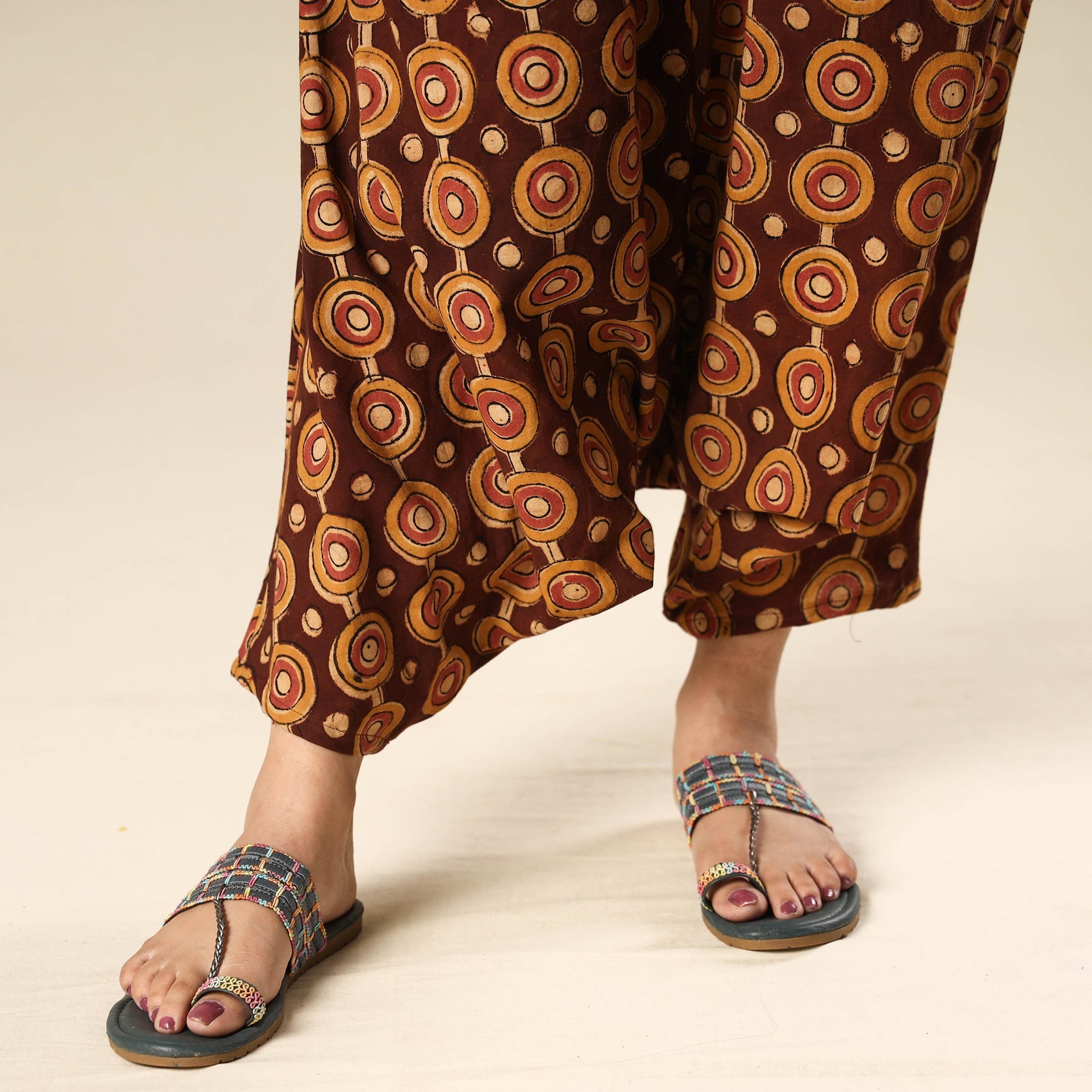 Brown - Kalamkari Block Printed Cotton Elasticated Harem Pant