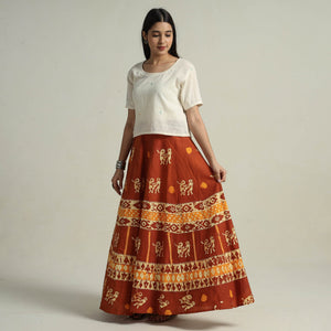 Brown - Hand Batik Printed Running Stitch Cotton Long Skirt 18