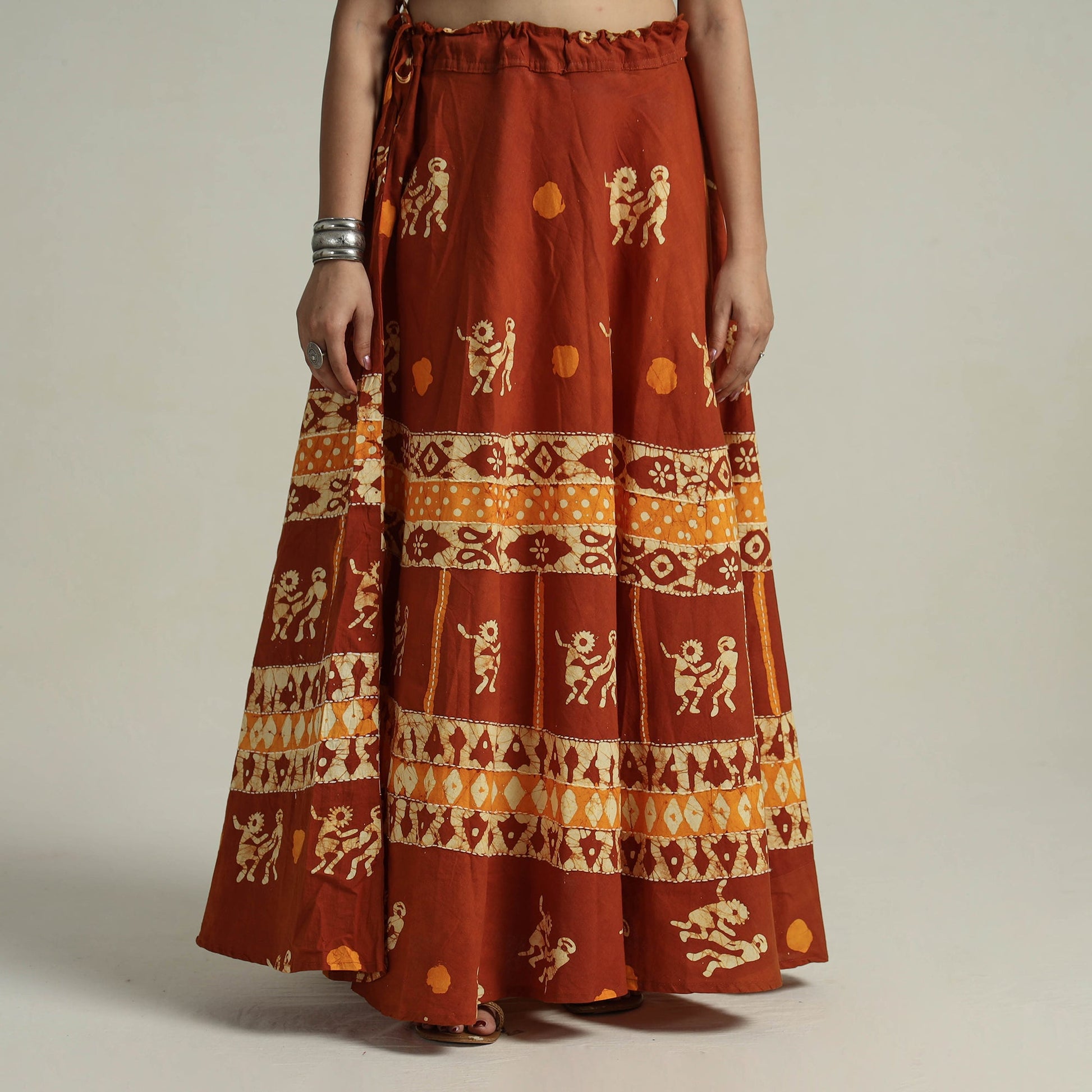 Brown - Hand Batik Printed Running Stitch Cotton Long Skirt 18