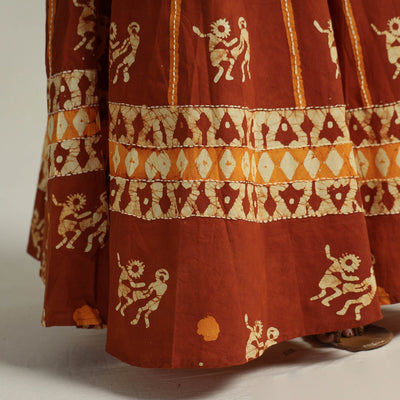Brown - Hand Batik Printed Running Stitch Cotton Long Skirt 18