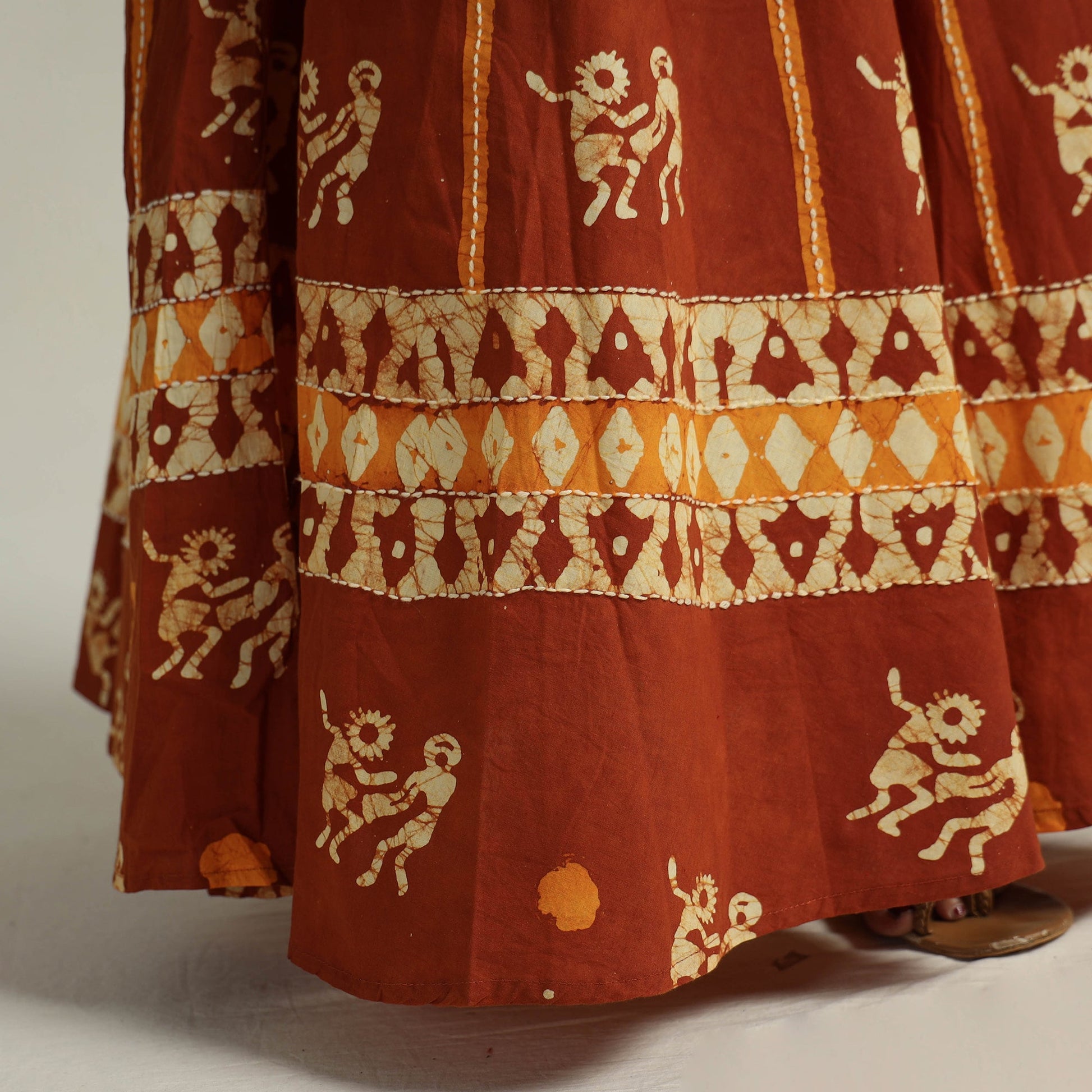 Brown - Hand Batik Printed Running Stitch Cotton Long Skirt 18