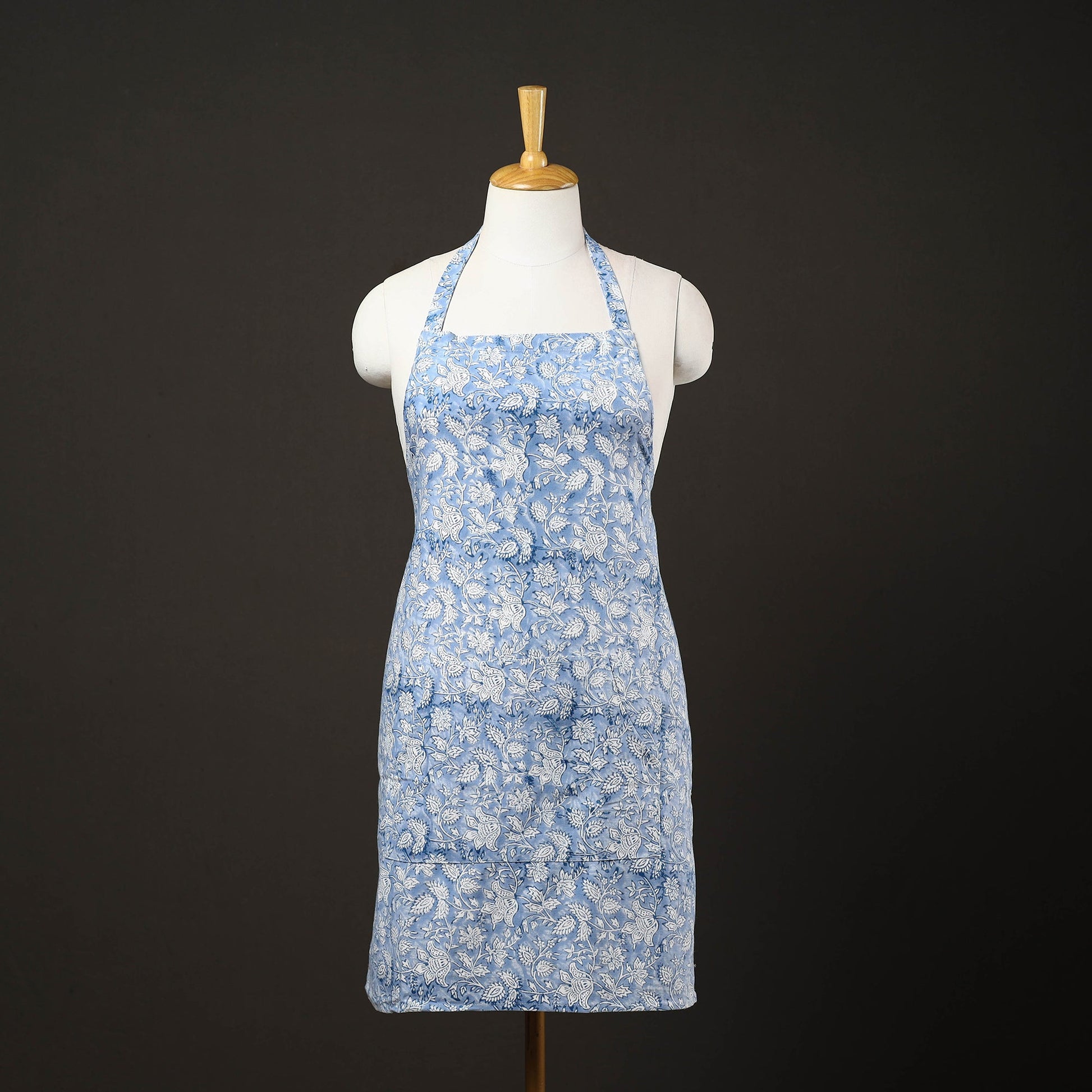 Blue - Floral Sanganeri Print Cotton Apron with Pocket 01