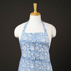 Blue - Floral Sanganeri Print Cotton Apron with Pocket 01