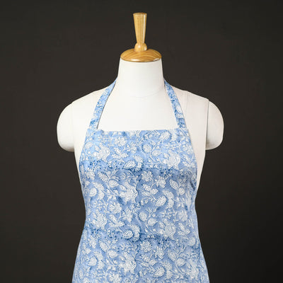 Blue - Floral Sanganeri Print Cotton Apron with Pocket 01