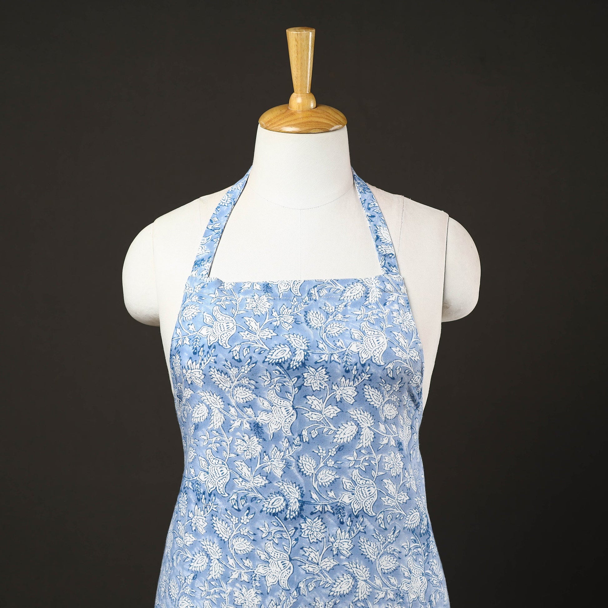Blue - Floral Sanganeri Print Cotton Apron with Pocket 01