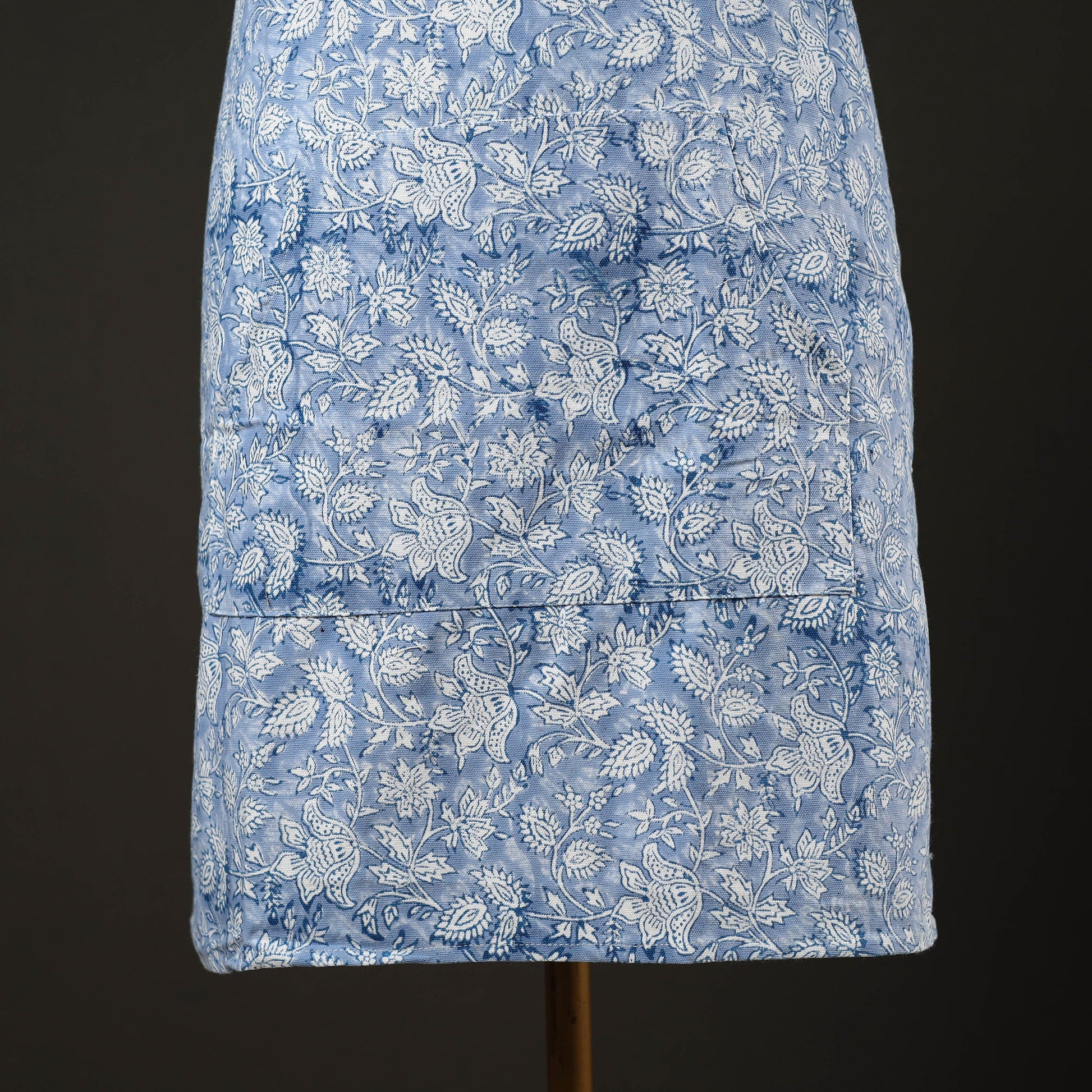 Blue - Floral Sanganeri Print Cotton Apron with Pocket 01