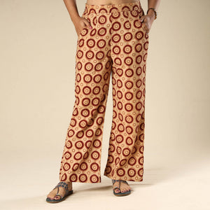 Beige - Kalamkari Block Printed Cotton Elasticated Palazzo