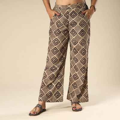 Beige - Kalamkari Block Printed Cotton Elasticated Palazzo