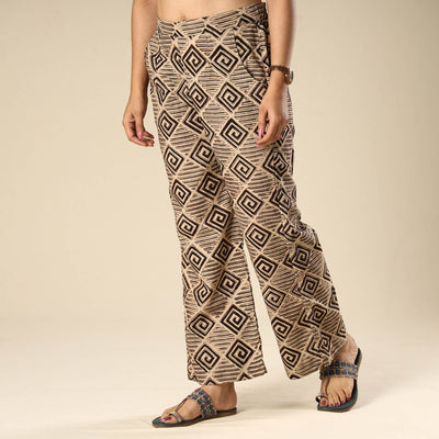 Beige - Kalamkari Block Printed Cotton Elasticated Palazzo