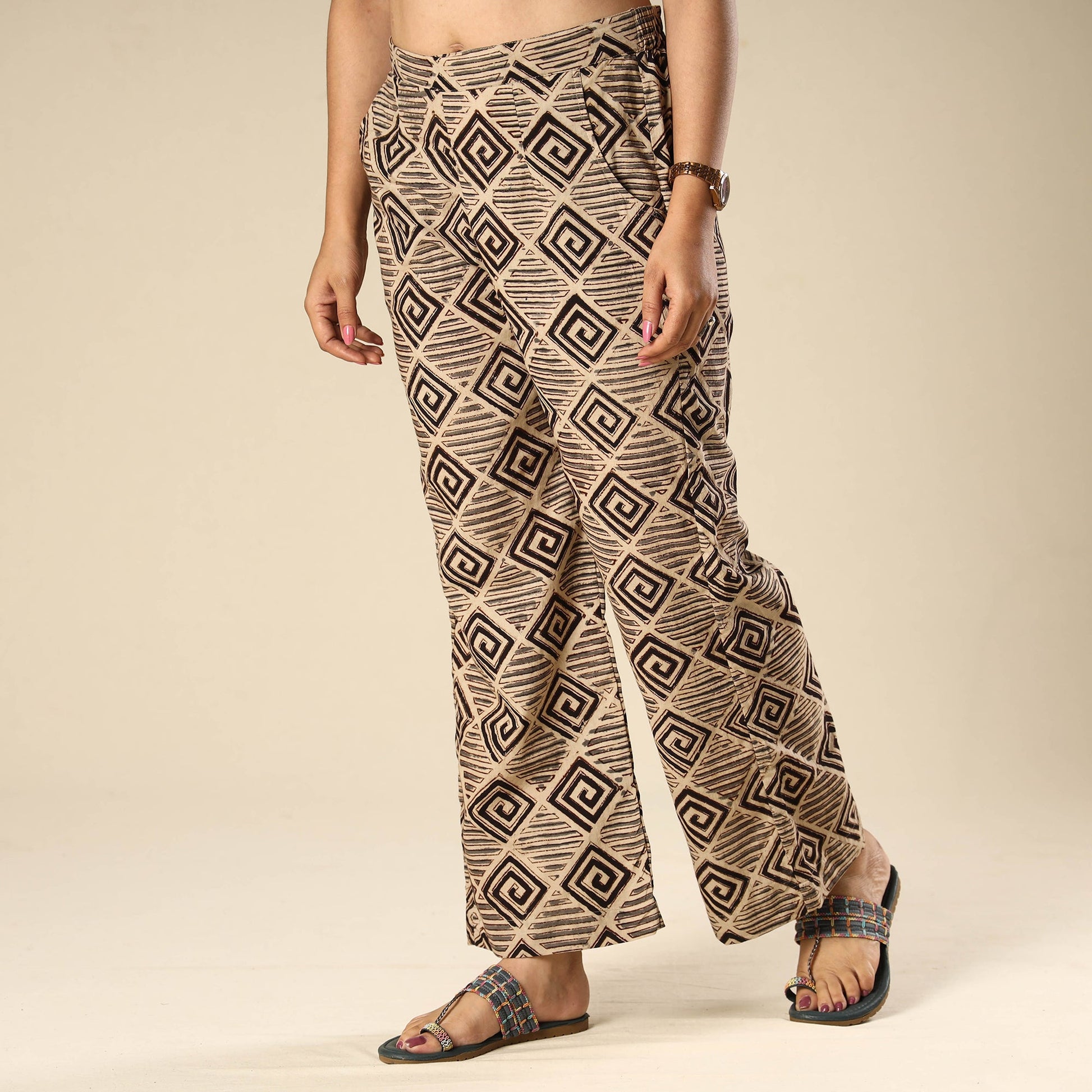Beige - Kalamkari Block Printed Cotton Elasticated Palazzo
