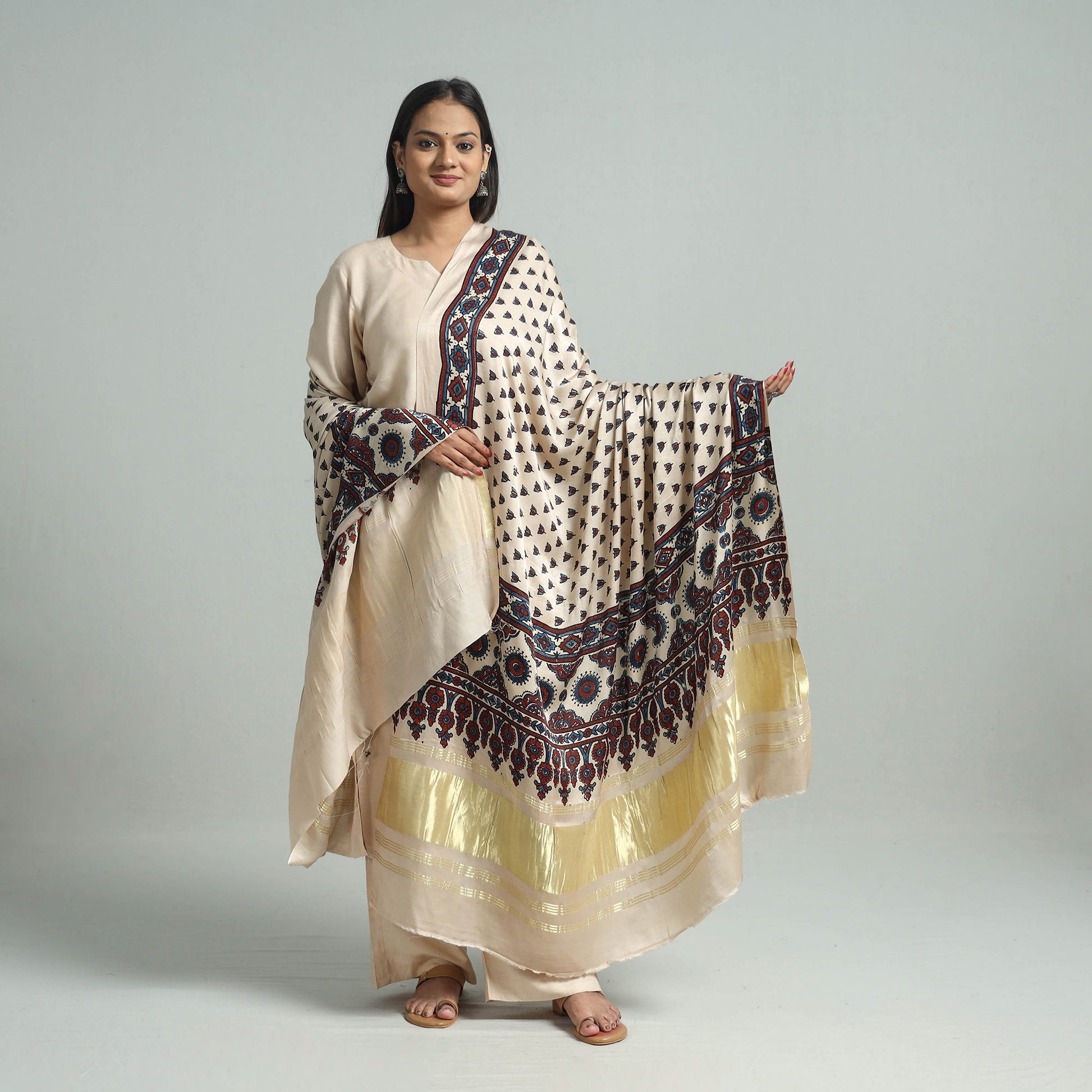 Beige - Modal Silk Block Print Ajrakh Dupatta 02