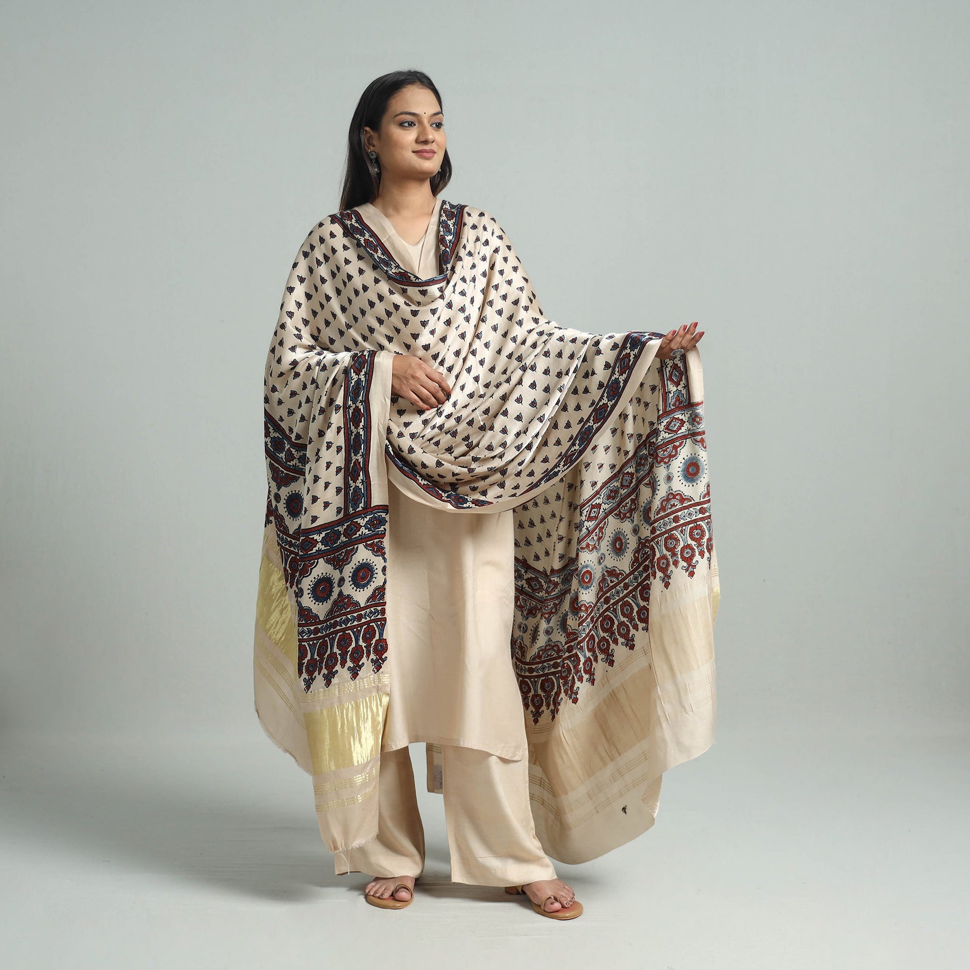Beige - Modal Silk Block Print Ajrakh Dupatta 02