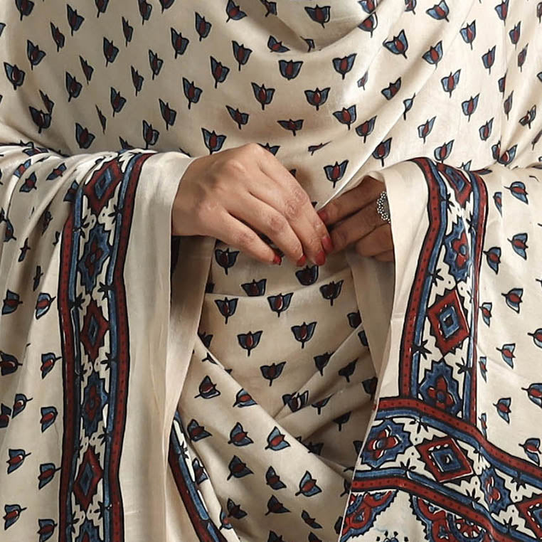 Beige - Modal Silk Block Print Ajrakh Dupatta 02