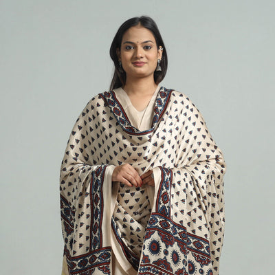 Beige - Modal Silk Block Print Ajrakh Dupatta 02