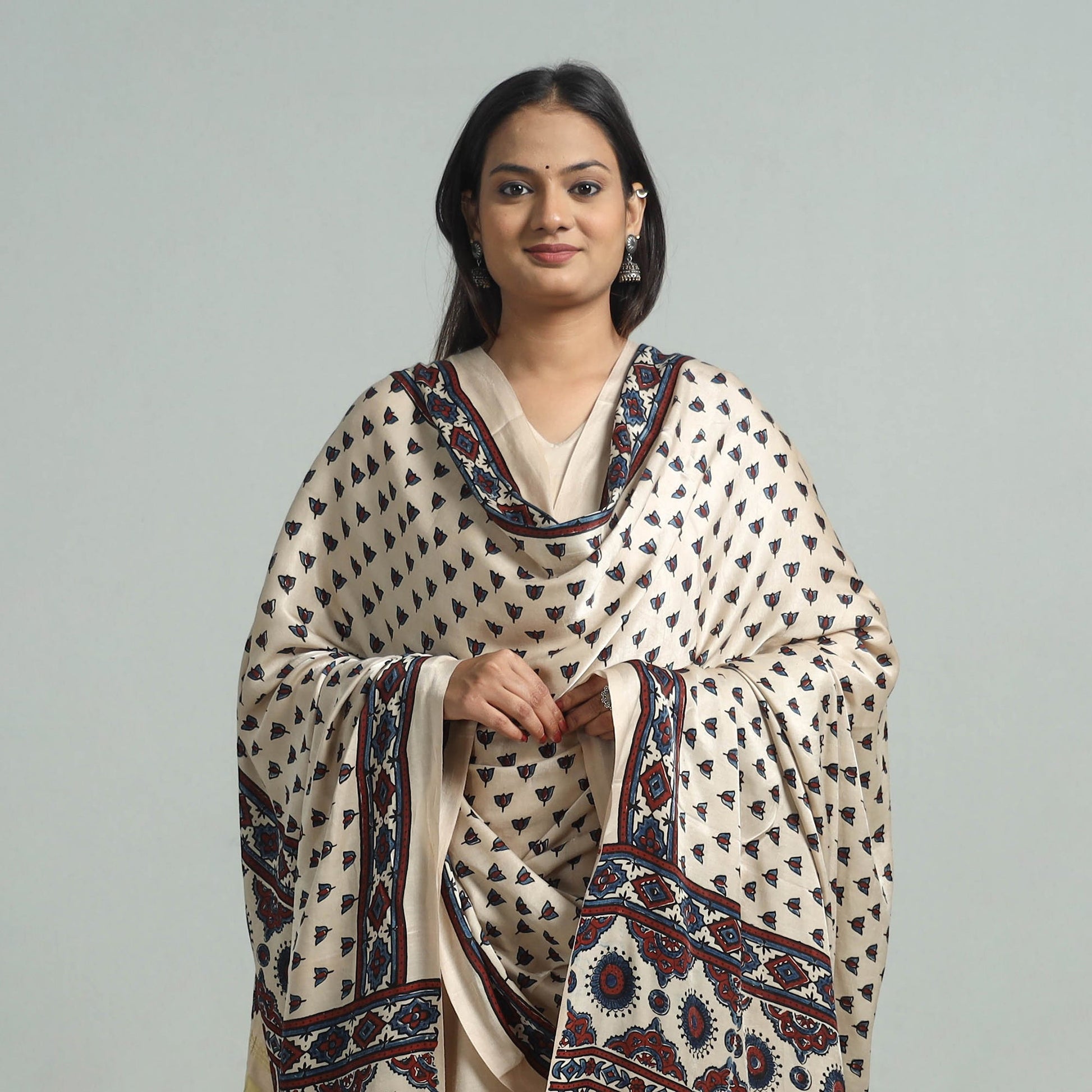 Beige - Modal Silk Block Print Ajrakh Dupatta 02