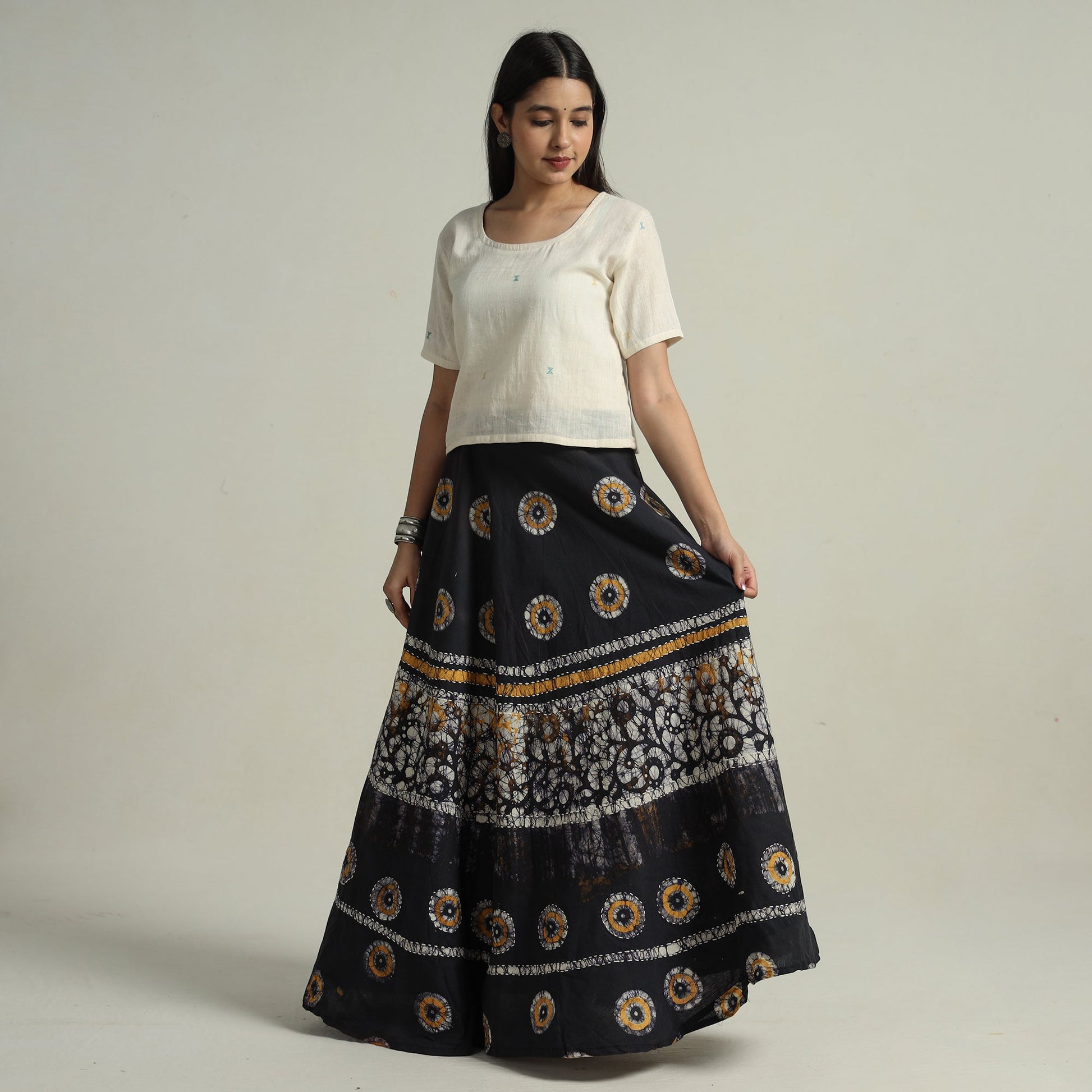 Black - Hand Batik Printed Running Stitch Cotton Long Skirt 31