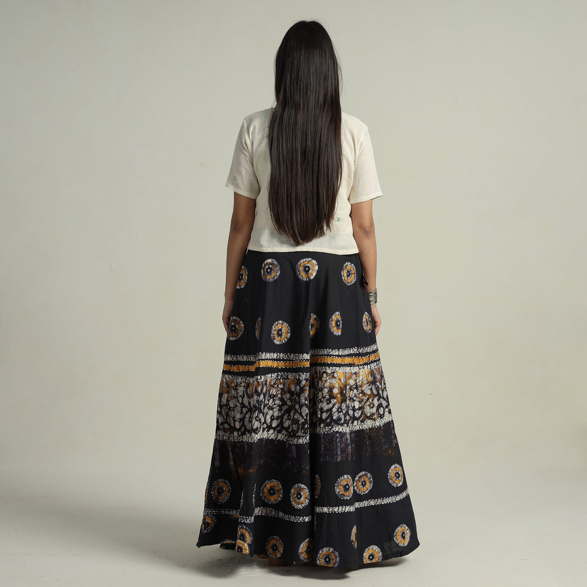 Black - Hand Batik Printed Running Stitch Cotton Long Skirt 31