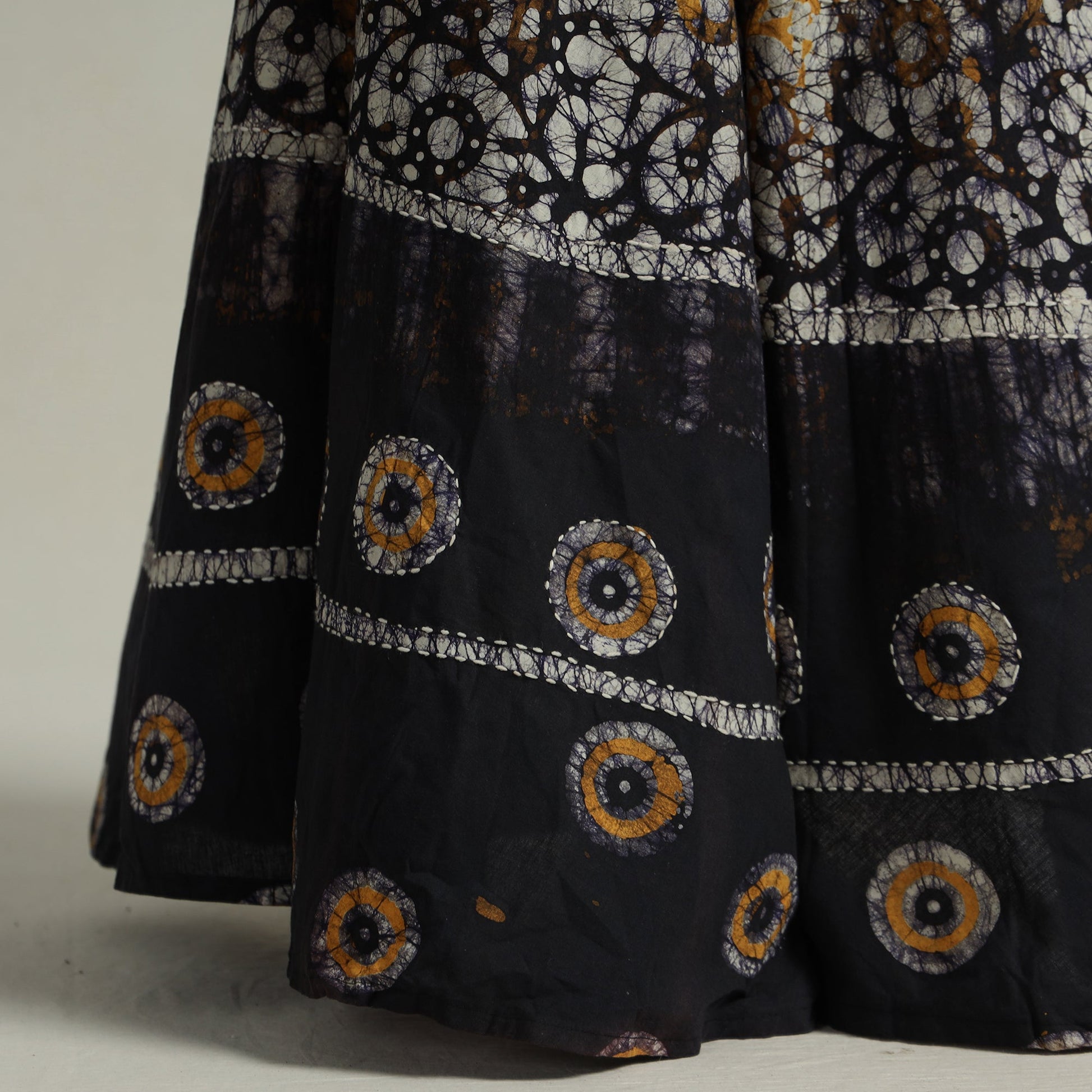 Black - Hand Batik Printed Running Stitch Cotton Long Skirt 31