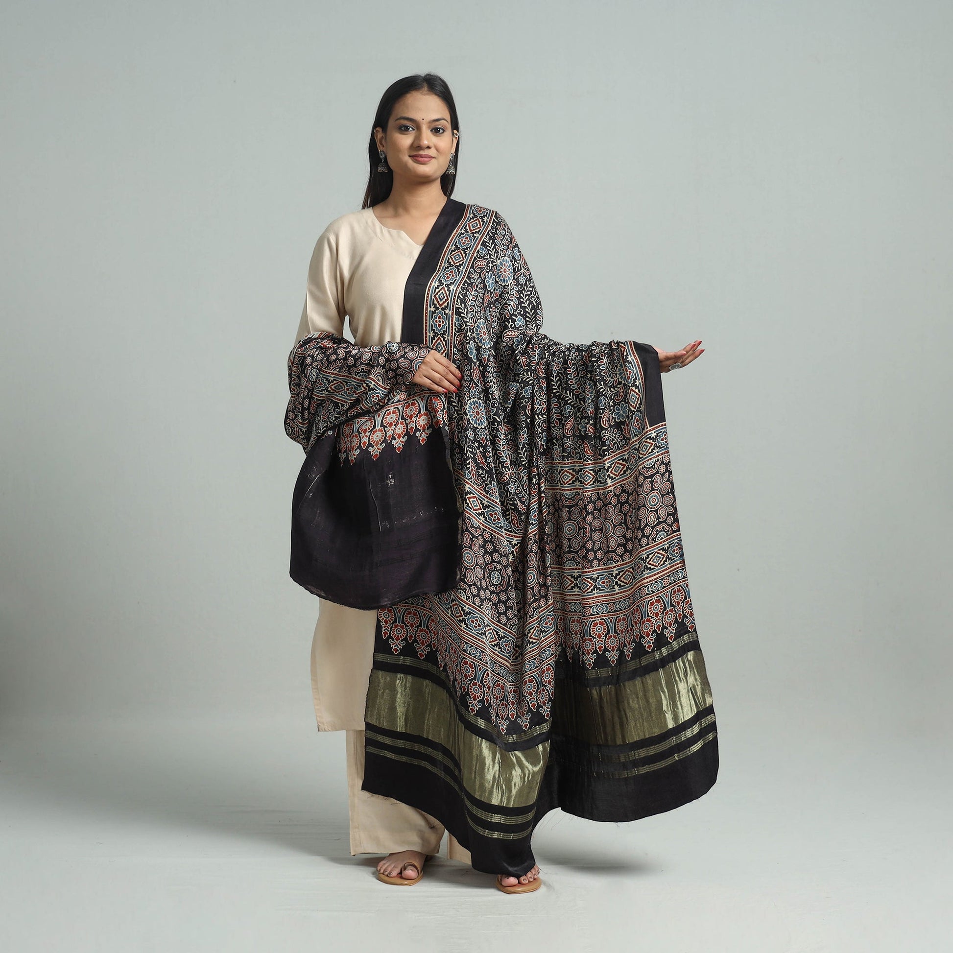 Black - Modal Silk Block Print Ajrakh Dupatta 05