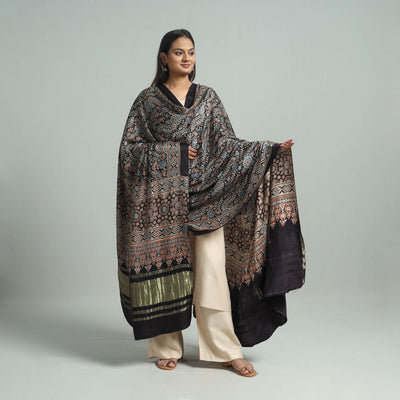 Black - Modal Silk Block Print Ajrakh Dupatta 05