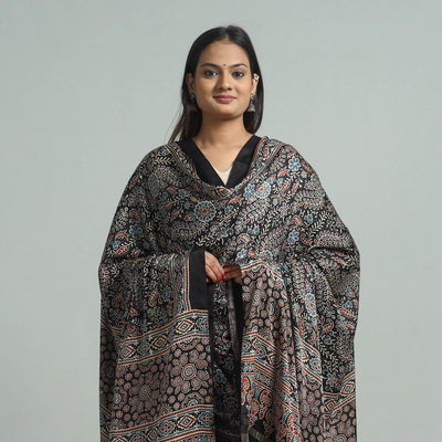 Black - Modal Silk Block Print Ajrakh Dupatta 05