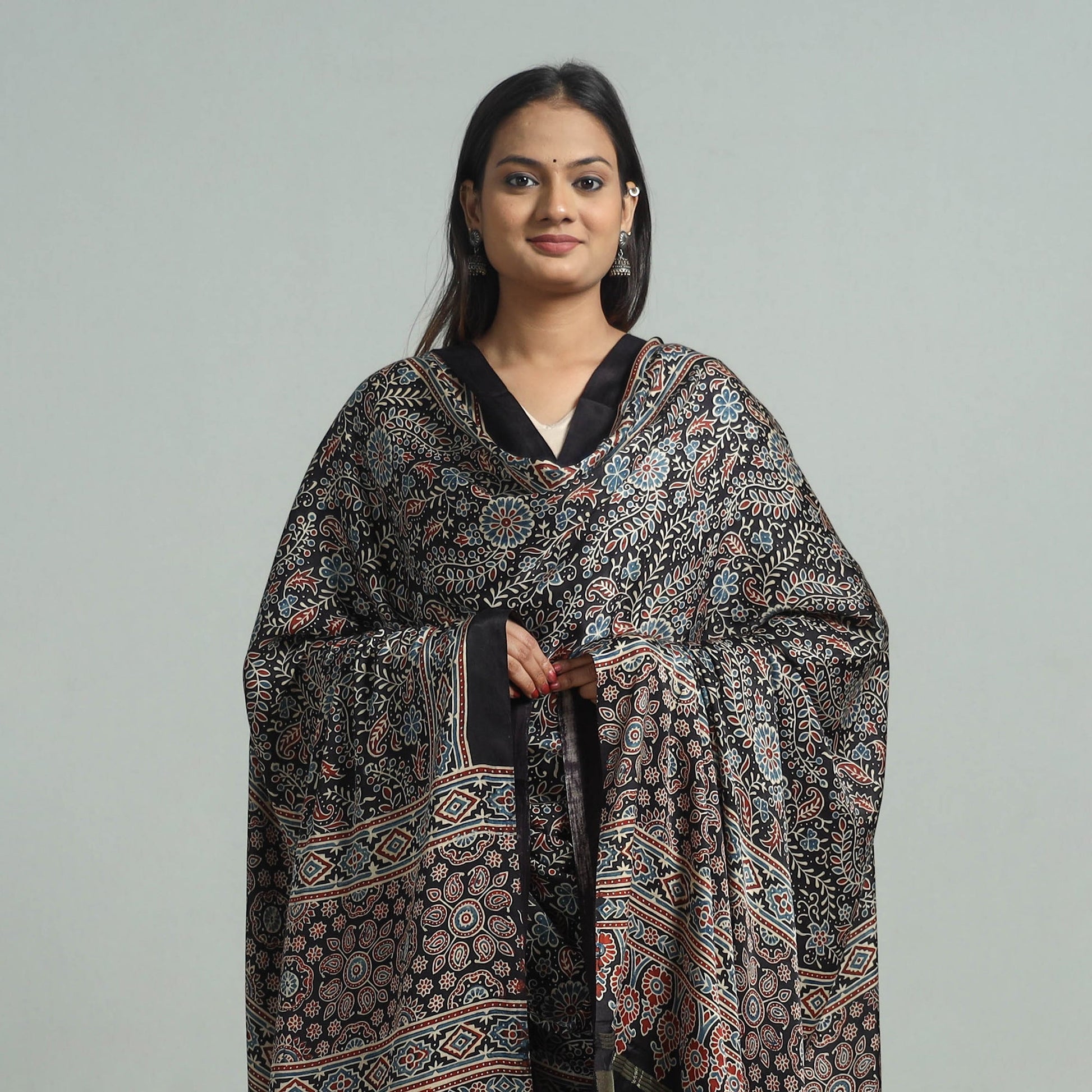 Black - Modal Silk Block Print Ajrakh Dupatta 05