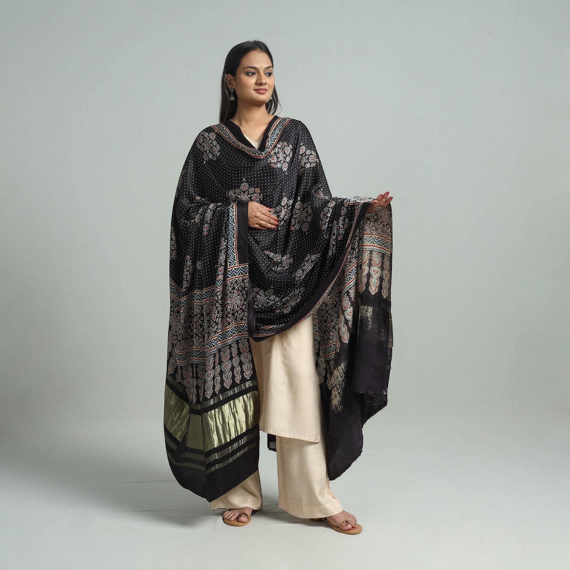 Black - Modal Silk Block Print Ajrakh Dupatta 06