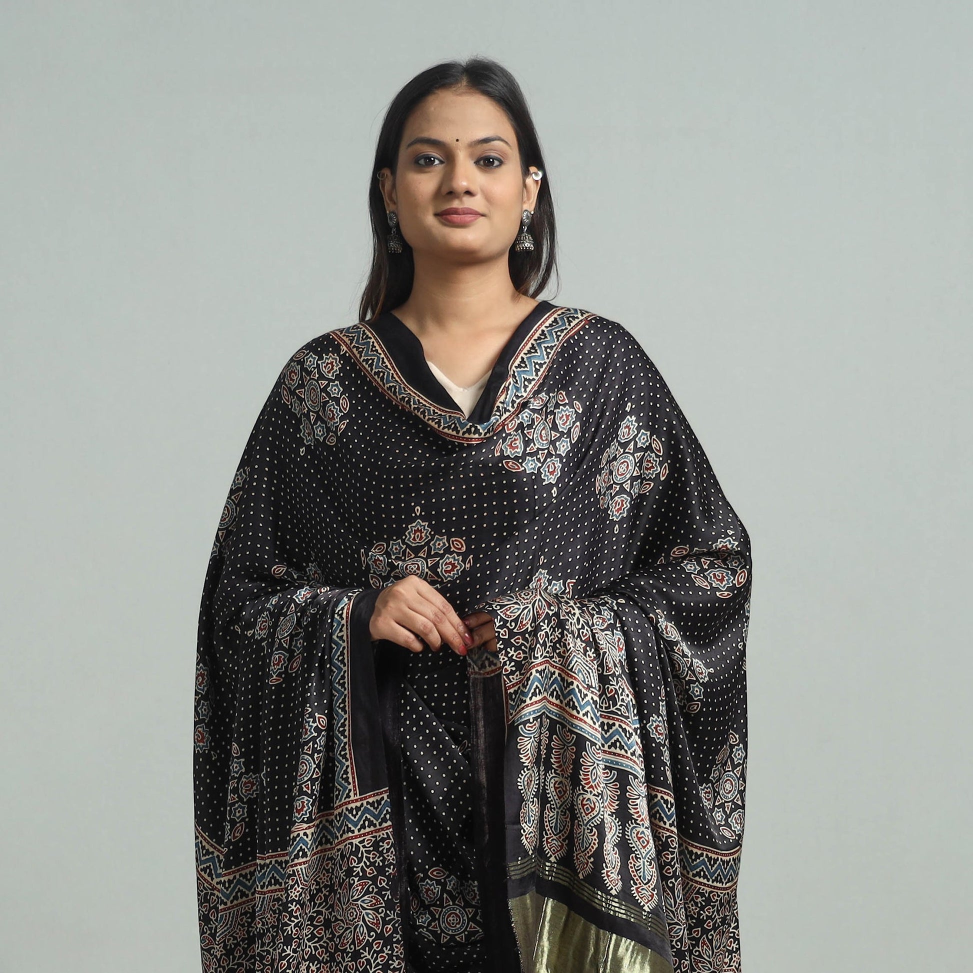 Black - Modal Silk Block Print Ajrakh Dupatta 06