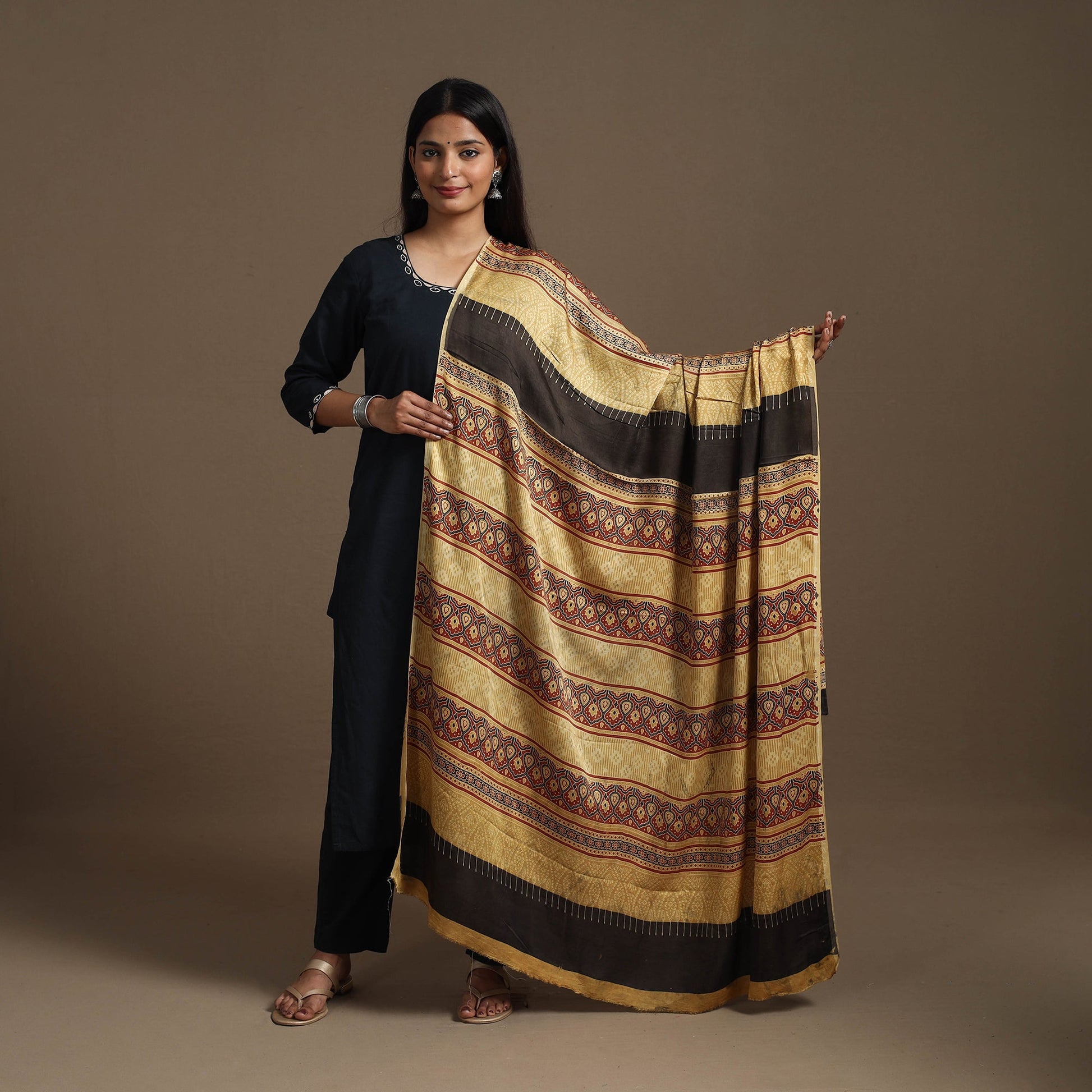 Beige - Hand Block Printed Modal Silk Ajrakh Dupatta 11
