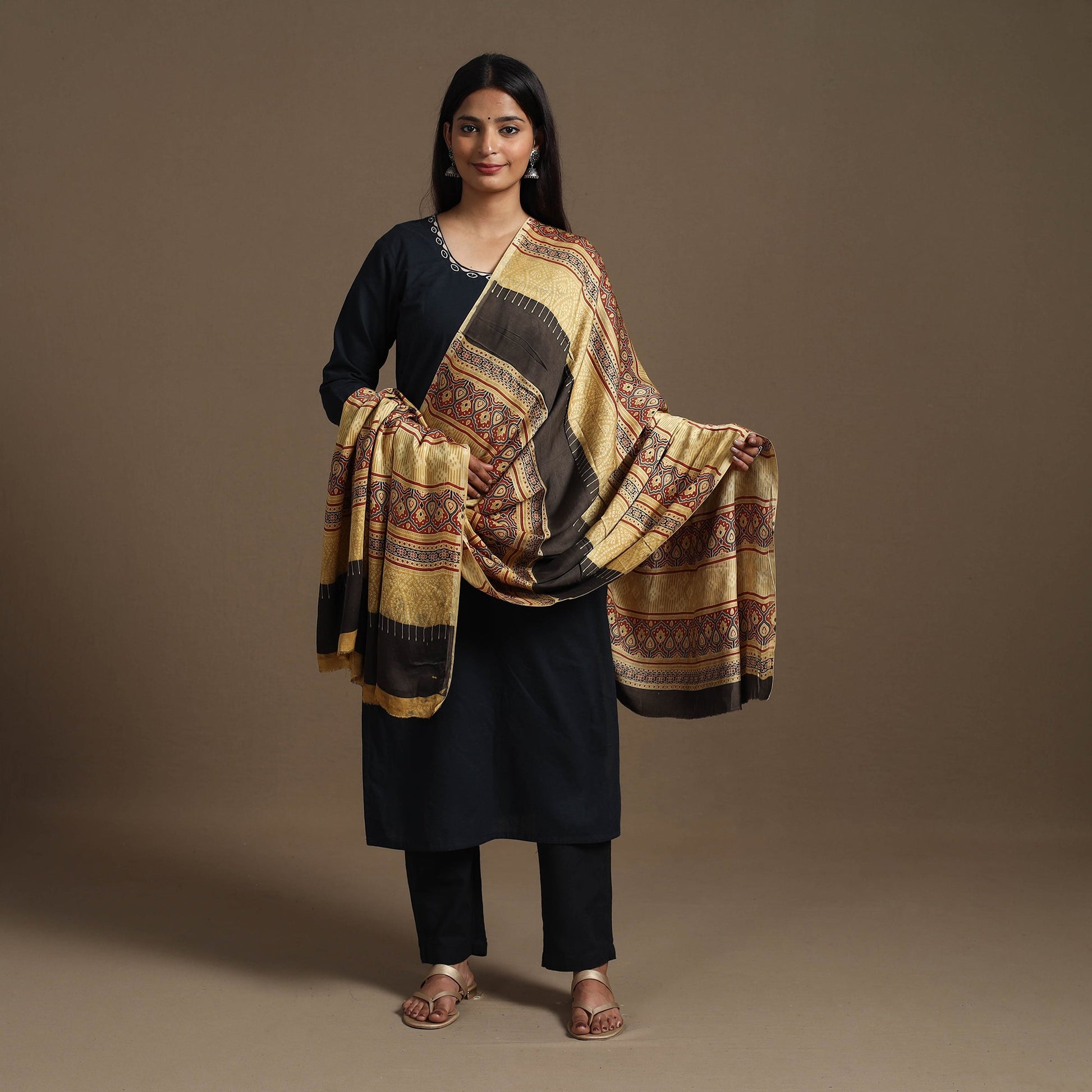 Beige - Hand Block Printed Modal Silk Ajrakh Dupatta 11