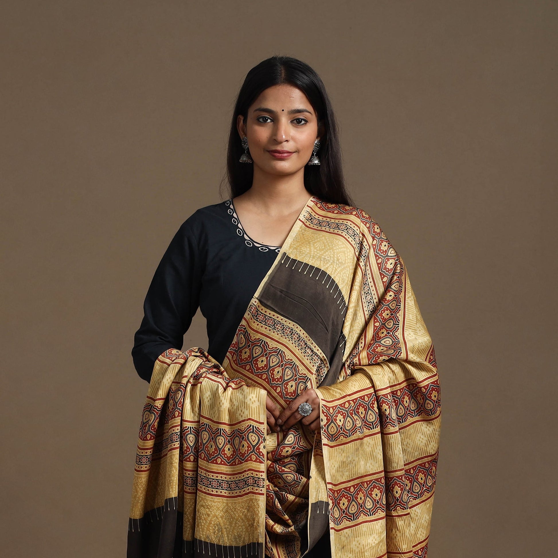 Beige - Hand Block Printed Modal Silk Ajrakh Dupatta 11