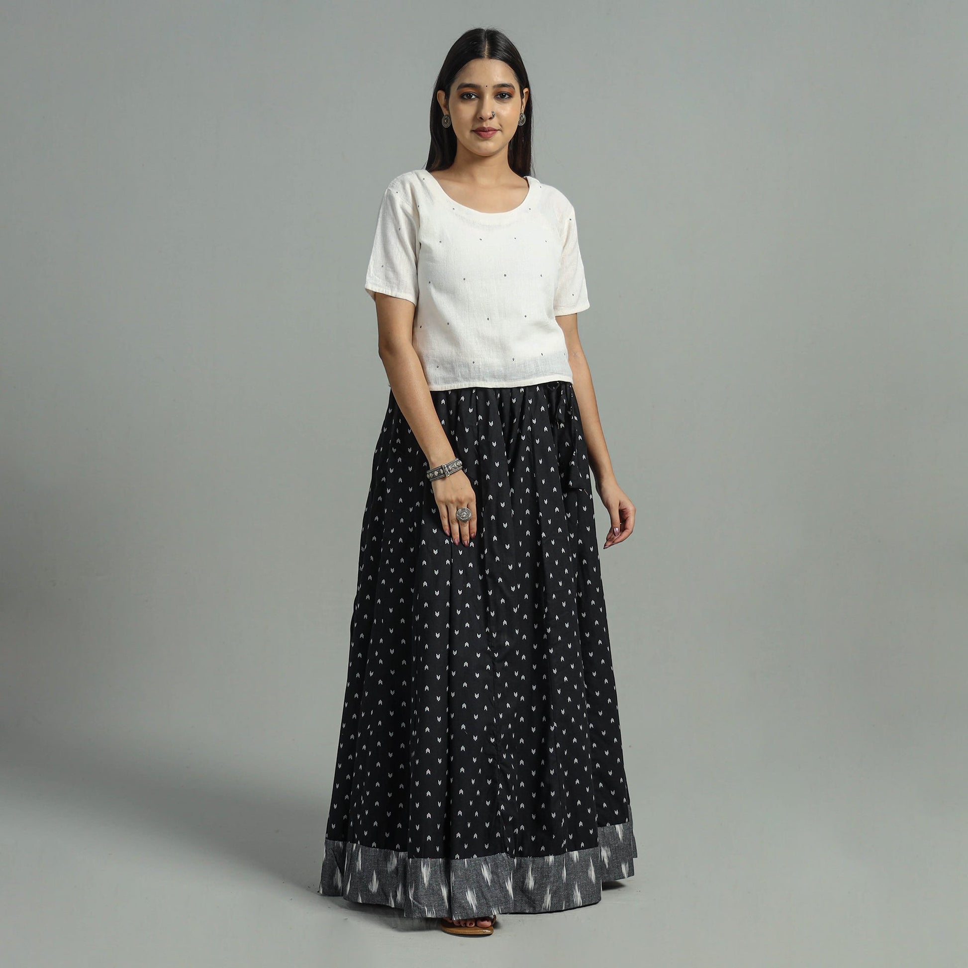 Black - Jacquard Patchwork 24 Kali Cotton Long Skirt 01