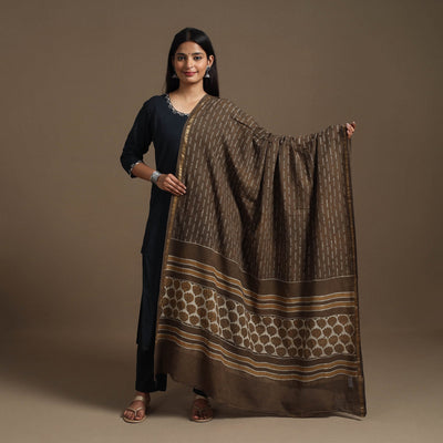 Brown - Cotton Akola Block Print Dupatta with Zari Border 19