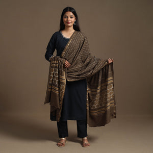 Brown - Cotton Akola Block Print Dupatta with Zari Border 19