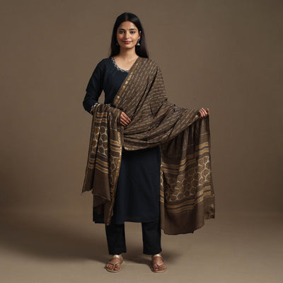Brown - Cotton Akola Block Print Dupatta with Zari Border 19