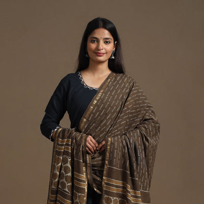 Brown - Cotton Akola Block Print Dupatta with Zari Border 19
