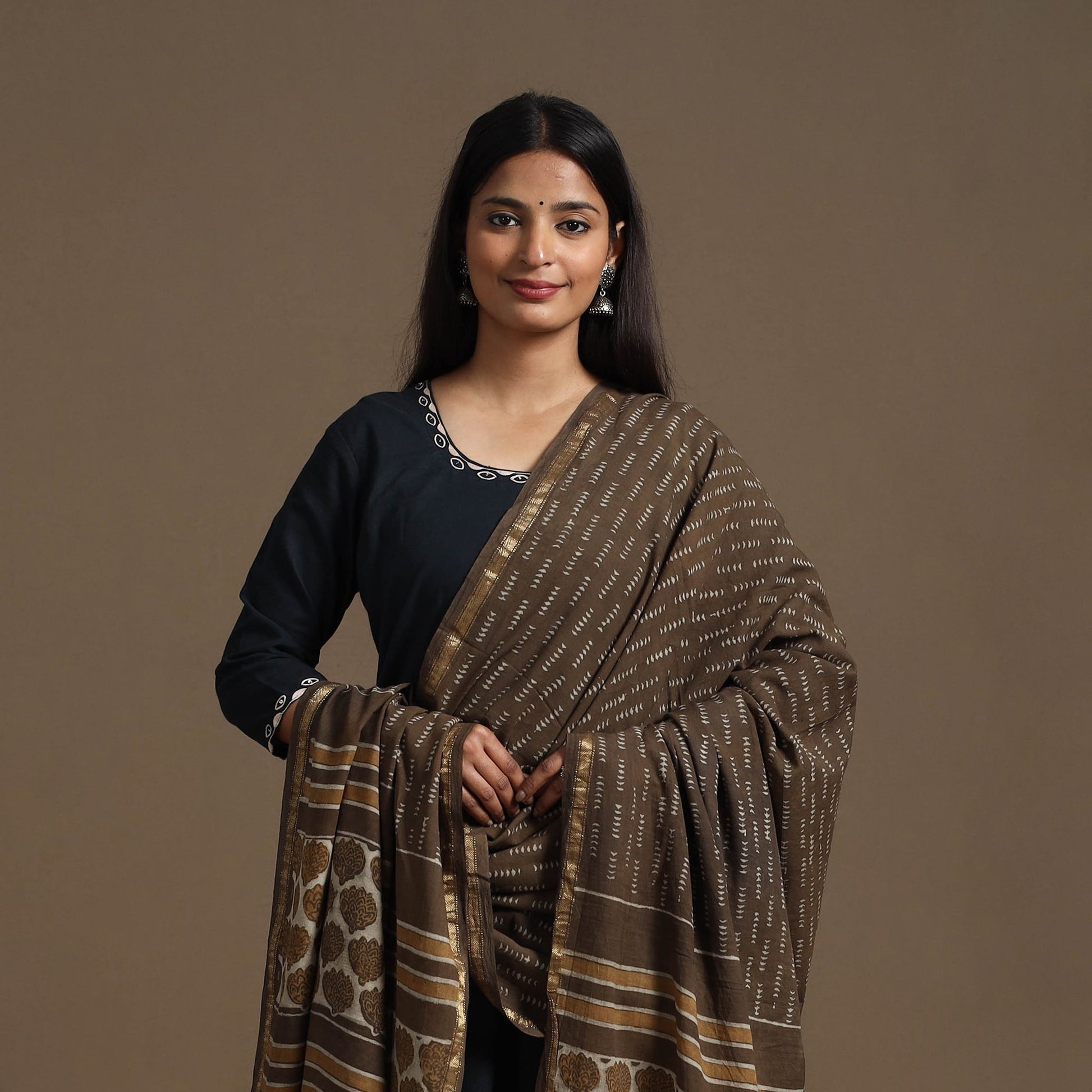 Brown - Cotton Akola Block Print Dupatta with Zari Border 19