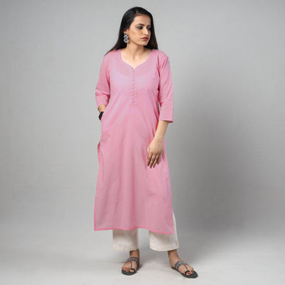 Baby Pink - Plain Cotton Long Straight Kurta 11