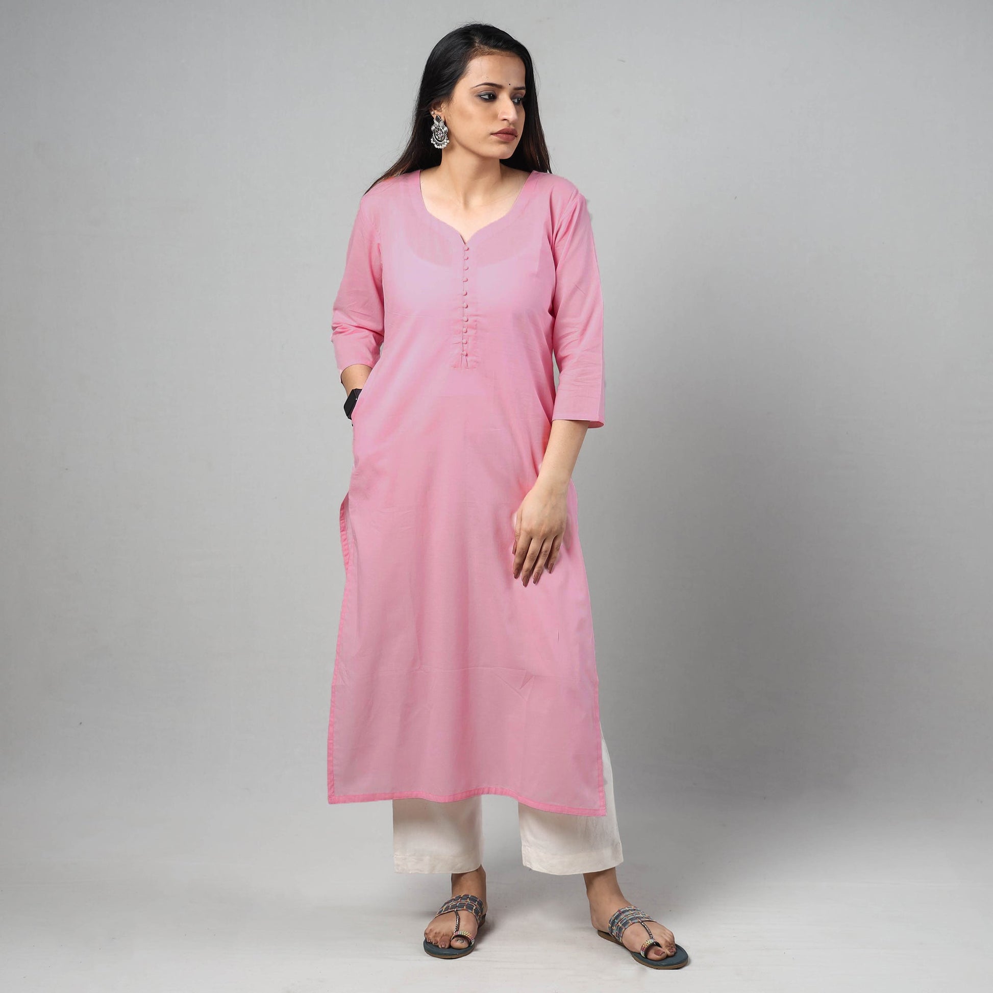 Baby Pink - Plain Cotton Long Straight Kurta 11