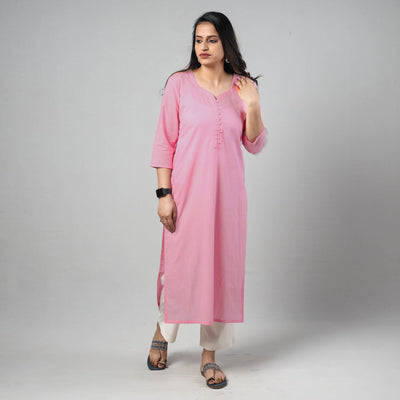 Baby Pink - Plain Cotton Long Straight Kurta 11