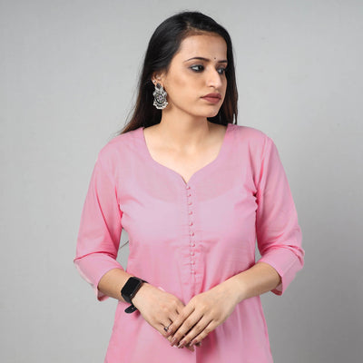Baby Pink - Plain Cotton Long Straight Kurta 11