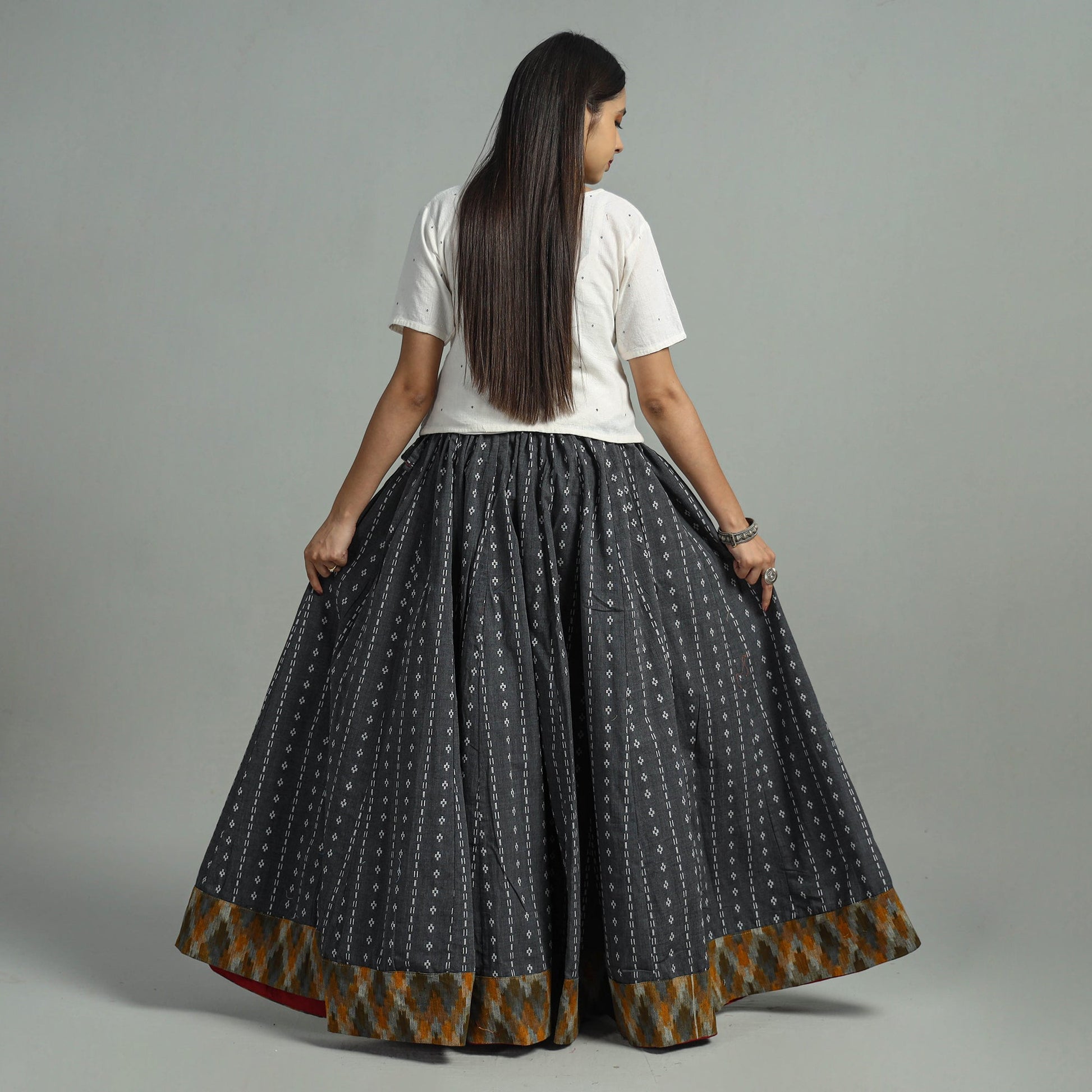 Black - Jacquard Patchwork 24 Kali Cotton Long Skirt 06