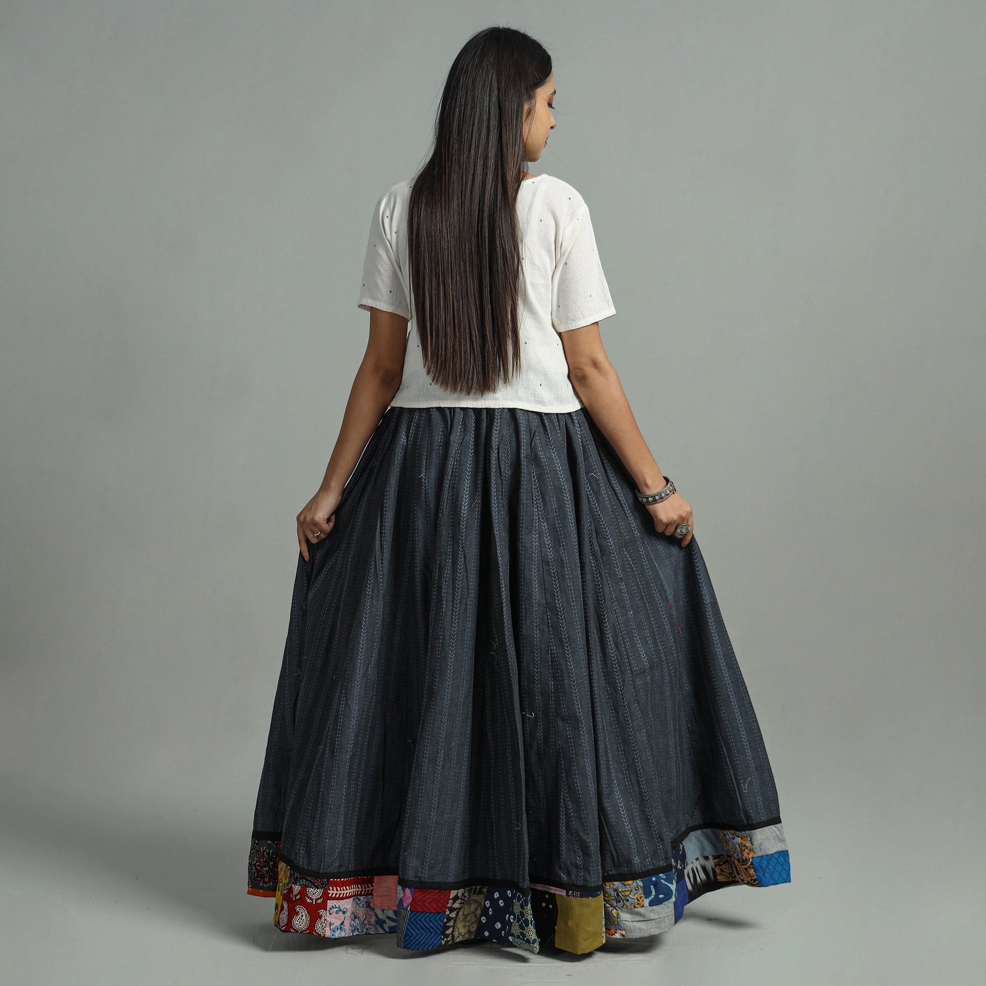 Black - Jacquard Patchwork 24 Kali Cotton Long Skirt 12