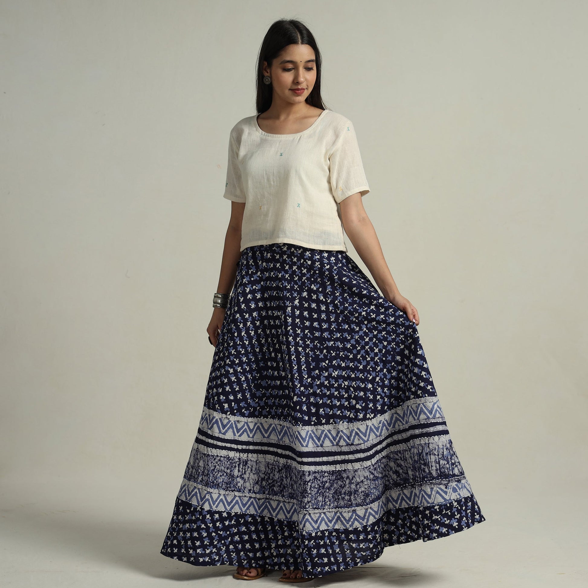 Blue - Hand Batik Printed Running Stitch Cotton Long Skirt 52